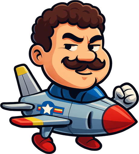 Design a cartoon-style character inspired by Head Ball characters, but themed as a fighter jet. The character should have an oversized head (like in the original Head Ball game), but instead of a human body, the head is mounted on a small cartoon fighter jet body. The jet should be stylized and playful, with exaggerated features like short wings, colorful decals, and a compact, fun shape. The cockpit should seamlessly blend into the character's neck or jawline area. The jet can have arms coming out from the sides of the fuselage like wings, and the rear part can have feet-like tail fins resembling shoes.
The overall design should feel dynamic, energetic, and arcade-like, as if mid-flight in a blue sky or cockpit environment.

The face should be: A cartoon-style floating head of a chubby young man with a round, soft face. He has thick curly short hair, a bushy mustache, and a mischievous half-smile with slightly squinted eyes. His cheeks are full, and his expression is confident and che.
In-Game asset.  2d.  High contrast.  No shadows