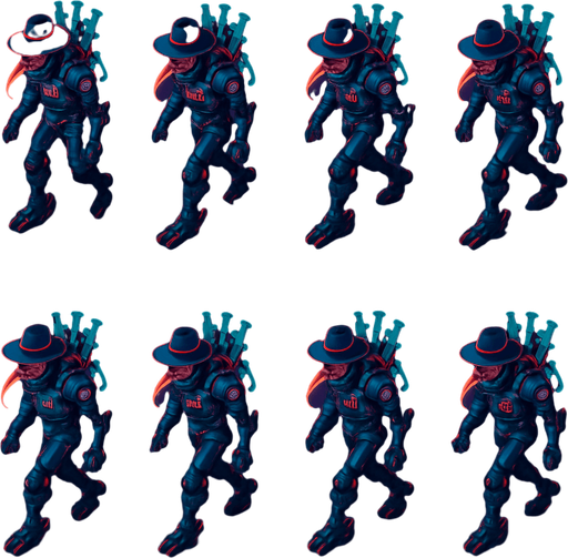 Neon cyberpunk anime top down isometric animatronic plague doctor cyborg demon medic CDC corporate robot monster disease pestilence medicine syringes Walking animation frames