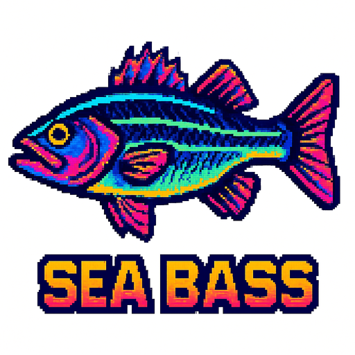 A sea bass. 80s arcade machine graphics. 
Swimming Side profile. White background. 
In-Game asset.  2d.  High contrast.  No shadows