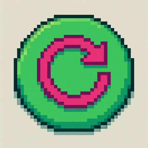 A green circular button featuring a fuchsia-colored refresh icon, designed in Pixel Art style.