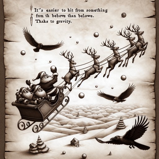 a pergament with santa on a sledge and his flying reindeers throwing a snowball to a raven. There is the text: "Its easier to hit something from above than below. Thanks to gravity."