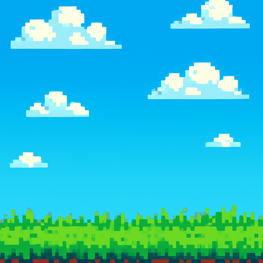 Create a pixel art background image for a 2D mobile game in portrait orientation.

The scene should feature a bright blue sky with some pixelated white clouds, and a grassy green field at the bottom.

Use a colorful, retro pixel art style (16-bit style), keeping the image light and cheerful.

The background should not include any characters or objects, only environment elements.

Leave space in the middle of the screen for gameplay elements (like the grid of boxes).

Make sure the image loops or tiles well if needed..
In-Game asset.  2d.  High contrast.  No shadows