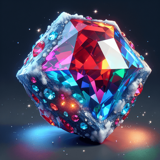a precious colorful glowing gem with snow and ice on it.
Single Game Texture. In-Game asset. 2d. Blank background. High contrast. No shadows.
