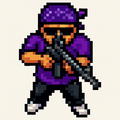 pandillero de morado hecho con pixeles. con perspectiva desde arriba visto de frente apuntando con un m4
In-Game asset.  2d.  High contrast.  No shadows