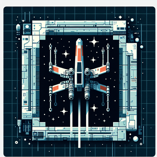 Single Game Texture. In-Game asset. 2d. An X-Wing-like spaceship moving up and down from above.
Single Game Texture. In-Game asset. 2d. Blank background. High contrast. No shadows.