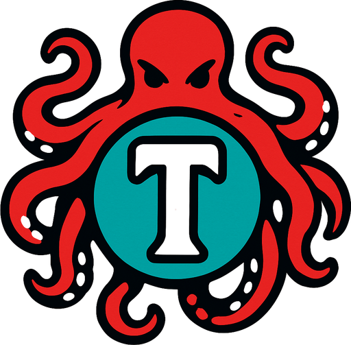 una letra t dentro de una esfera y un pulpo que la rodea.
In-Game asset.  2d.  High contrast.  No shadows