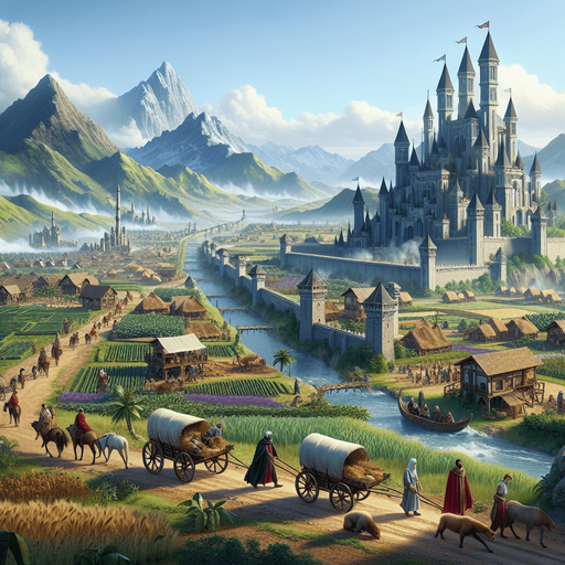 "A grand medieval-fantasy empire in a semi-realistic art style, featuring a thriving kingdom with towering castles, bustling trade markets, and well-planned roads connecting different towns. The scene includes farmers tending fields, merchants with carts full of goods, soldiers guarding the city gates, and distant mountains on the horizon. Defensive walls protect the kingdom, while caravans move across a strategic trade route. The environment is vibrant, with lush greenery, rivers flowing through the land, and players directing resource management and expansion from a bird's-eye view.".
Single Game Texture.  In-Game asset.  2d.  Blank background.  High contrast.  No shadows