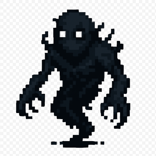 Create a pixel-art character sprite of "Karabasan" – a dark, shadowy figure from Turkish folklore known to sit on people’s chests during sleep. The character should be faceless or have a barely visible distorted face with empty glowing white eyes. Its body should appear as a mass of smoky darkness, loosely humanoid, with long arms, claw-like hands, and ragged shadowy edges. It should look like it’s floating slightly above ground. Retro horror 2D game style. PNG format with transparent background, idle position facing forward..
In-Game asset.  2d.  High contrast.  No shadows