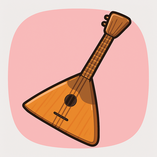 A detailed yet simple 2D illustration of a traditional Russian balalaika. The instrument should have a triangular wooden body, three strings, and a long, narrow neck. Style it in cartoon or flat vector format with soft shadows and bold outlines. Use warm wood tones (orange/brown), and make sure the shape is iconic and easily recognizable. Designed for mobile game use. Export as a transparent PNG, suitable for placing in quizzes or instrument selection scenes.. rounded background with pink
In-Game asset.  2d.  High contrast.  No shadows