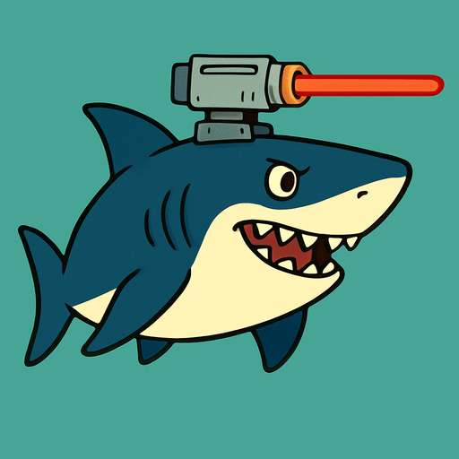 Shark with lasergun on his head, sideview, ghibli style.
In-Game asset.  2d.  High contrast.  No shadows