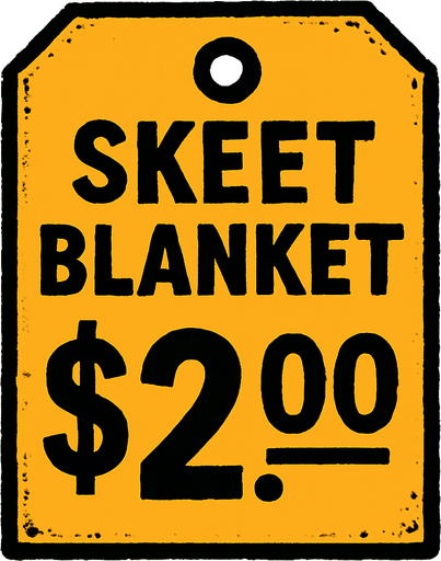 Price tag that says skeet blanket $2.00.
In-Game asset.  2d.  High contrast.  No shadows