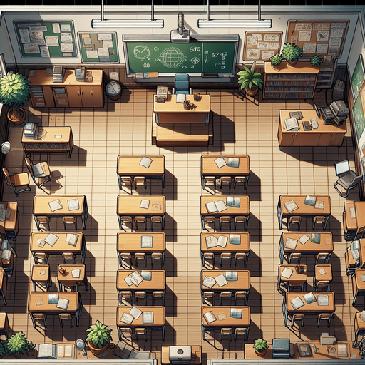 A school classroom from above.
Single Game Texture.  In-Game asset.  2d.  Blank background.  High contrast.  No shadows