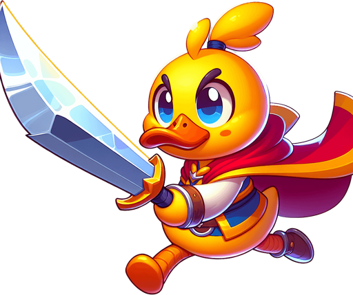 cartoon fantasy yellow duck warrior slash long sword movement.
Single Game Texture.  In-Game asset.  2d.  Blank background.  High contrast.  No shadows