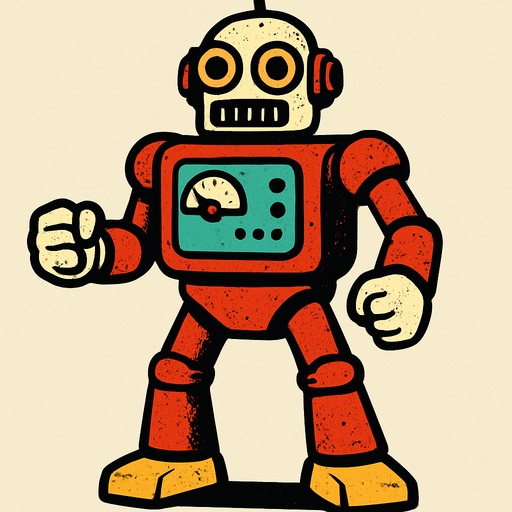 The entire body of the robot should be visible, and its hands should be in a fist shape..
In-Game asset.  2d.  High contrast.  No shadows