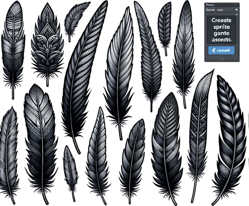 A sprite sheet of eagle feathers.
Single Game Texture. In-Game asset. 2d. Blank background. High contrast. No shadows.