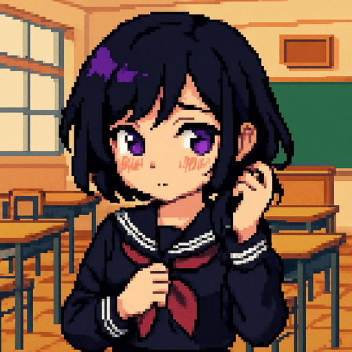 A cute anime-style girl depicted in pixel art, with an emo aesthetic and striking purple eyes. She's wearing a classic Japanese school uniform (sailor fuku). She has a shy expression, with blushing cheeks and an averted gaze. Her left hand is playing with her hair, while her right hand rests on her chest. In the background, there's a typical anime-style classroom.