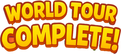 A bright and colorful 2D cartoon-style “Congratulations” screen for a mobile music game. The background should feature festive elements like fireworks, sparkles, confetti, and a glowing Earth or map. At the center, include a large golden text that says “World Tour Complete!” or “You’re a Sound Explorer Master!” in playful, bold font. The scene should feel rewarding and musical, with subtle music notes or instrument icons around the background. Export as a wide 1920x1080 PNG, with no UI buttons or overlays..
In-Game asset.  2d.  High contrast.  No shadows