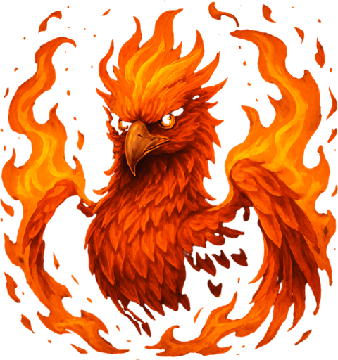 Fénix envuelto en llamas mirando al frente, algo realista, pero no poner un pájaro rojo cualquiera.
In-Game asset.  2d.  High contrast.  No shadows