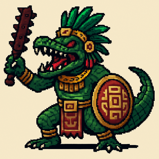 Genérame una Caiman llanero guerrero azteca con eso patrones, estilo pixelar, con una apariencia maligna, ojos rojos, rabioso. Unidad cuerpo a cuerpo. Animal.
In-Game asset.  2d.  High contrast.  No shadows