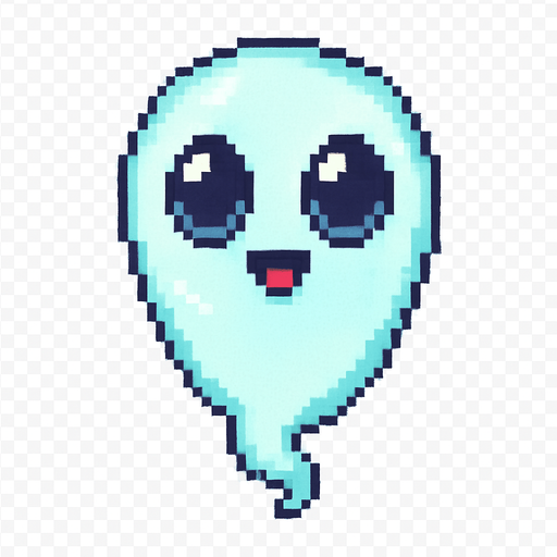 El fantasma debe tener un diseño amigable y en estilo pixel art, con cuerpo flotante de forma ovalada o en forma de gota invertida, color blanco o celeste pálido con bordes suaves y contorno oscuro para resaltar; su cara debe incluir ojos grandes y redondos con expresión simpática o curiosa, y una boca pequeña en forma de sonrisa o círculo; puede tener una animación sutil de flotación vertical, como si levitara suavemente en el aire, y opcionalmente incluir detalles como un leve brillo, transparencia o una colita ondeante en la parte inferior; el fondo debe ser transparente, y su estilo visual debe encajar en un mundo colorido y casual..
In-Game asset.  2d.  High contrast.  No shadows