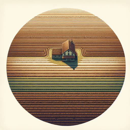 A straight top down perspective illustration of a large empty field with fertile, plowed but unplanted brown soil.There should be a farmhouse near the top..
Single Game Texture. In-Game asset. 2d. Blank background. High contrast. No shadows.