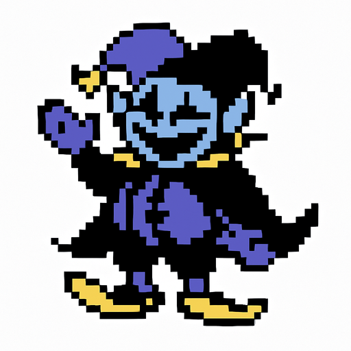 Jevil, un jefe del capitulo 1 de deltarune, es pixleado y el fondo detras de este es color blanco.
In-Game asset.  2d.  High contrast.  No shadows