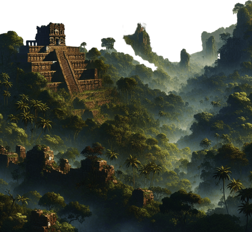 2d tropical sout america deep jungle. not far away, a ruins of ancient aztec temple..
Single Game Texture.  In-Game asset.  2d.  Blank background.  High contrast.  No shadows