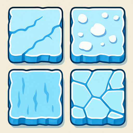 Generate a 2D sprite sheet arranged in a 2x2 grid, featuring game tiles of stylized arctic ice for a mobile game. The art style should be a clean vector illustration with flat colors and high contrast, suitable for a top-down, bird's-eye view. There should be no shadows.
The sprite sheet must show 4 distinct variations of an ice tile, each with a different surface appearance:.
In-Game asset.  2d.  High contrast.  No shadows