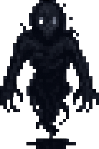 Create a pixel-art character sprite of "Karabasan" – a dark, shadowy figure from Turkish folklore known to sit on people’s chests during sleep. The character should be faceless or have a barely visible distorted face with empty glowing white eyes. Its body should appear as a mass of smoky darkness, loosely humanoid, with long arms, claw-like hands, and ragged shadowy edges. It should look like it’s floating slightly above ground. Retro horror 2D game style. PNG format with transparent background, idle position facing forward..
In-Game asset.  2d.  High contrast.  No shadows