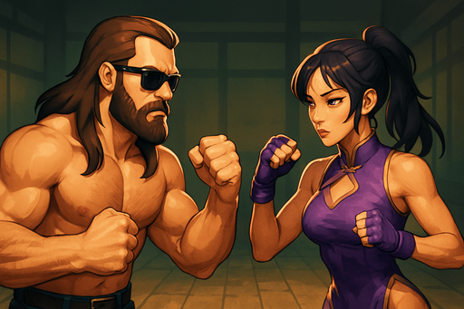 Fullscreen modern App Store landscape banner, 16:9, high definition, for a game titled "Chad Hardwood Turn-Based Fighter" and with the description "A turn-based fighting game where players battle through 10 increasingly challenging opponents. Choose from 4 attack options with different damage and energy costs. Manage your energy wisely - when it's depleted, your turn ends. Defeat each opponent to advance and become the ultimate Fighter.". Chad Hardwood is muscular long haired bearded sunglasses man, and his opponent is japanese sexy looking body fighter girl wearing sexy purple fight dress. No text on banner!