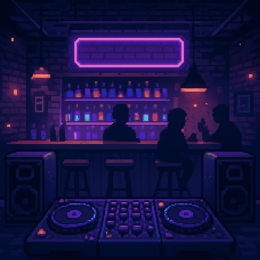 A cozy pixel art bar interior viewed from the DJ's perspective. A dimly lit, moody atmosphere with purple and deep blue neon tones. Visible DJ desk with mixer and speakers in the foreground, blurred bar counter and patrons in the background. Small glowing lights, bottles on shelves, soft lighting, and retro vibes. Resolution: 2048x2732. No characters in front, focus on ambiance and depth..
In-Game asset.  2d.  High contrast.  No shadows