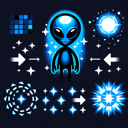 SINGLE alien  in BLUE color with GIF animation of arrows  animation with a spark at the end of the sprite animation.
Single Game Texture. In-Game asset. 2d. Blank background. High contrast. No shadows.