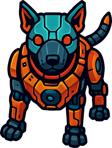 Perro ciborg visto desde arriba.
In-Game asset.  2d.  High contrast.  No shadows