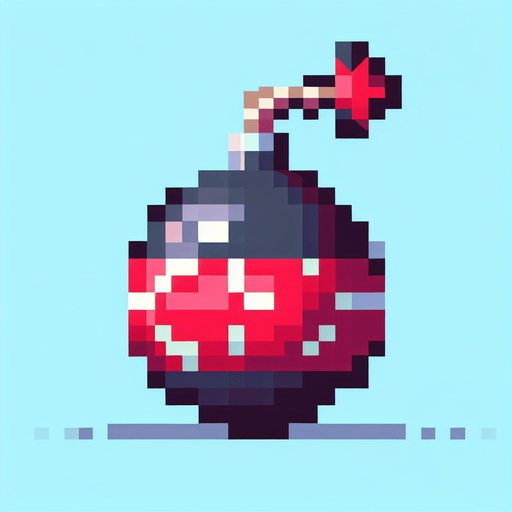 create me a 2d pixel bomb.
Single Game Texture. In-Game asset. 2d. Blank background. High contrast. No shadows.
