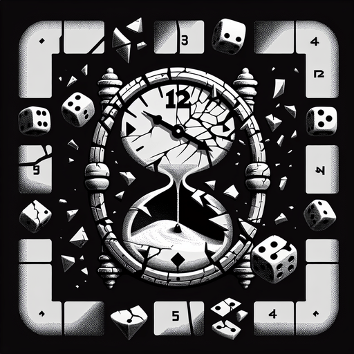 A clock face or hourglass that is visibly cracked or shattering. Could also be a die symbol mid-roll or showing multiple faces at once..
Single Game Texture.  In-Game asset.  2d.  Blank background.  High contrast.  No shadows