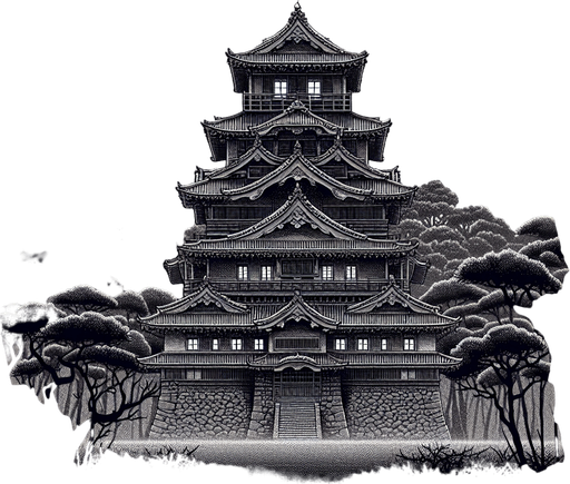 2d image. ancient meiji castle japan at night on full moon.
Single Game Texture.  In-Game asset.  2d.  Blank background.  High contrast.  No shadows. 2d image. full moon night. ancient temple meiji castle. surround of japanese forest