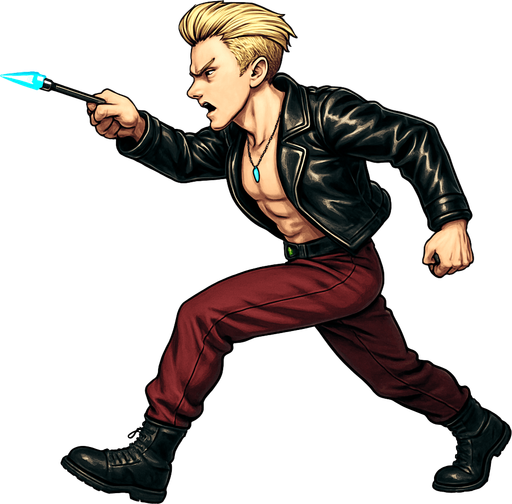Cyberpunk manga, side profile view running animation frames, shiny black leather biker jacket longsleeves shirtless thin abs pecs necklaces gemstone tipped wand, action shot wand pointed straight in front arm extended wand casting spell fierce fashion pose animation blonde undercut pompadour, vampire fangs, wine red joggers, combat boots, Background removed, "Full-body character, entirely in frame, no cropping of face, head, or feet" "Complete character visible, from head to toe, fully centered in the image" "Entire character, including face and boots, fully within the frame" Character fully contained within a square frame, no edges cut off,