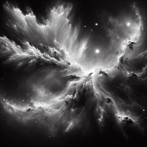 space image stylised gas clouds, black and white image, low contrast