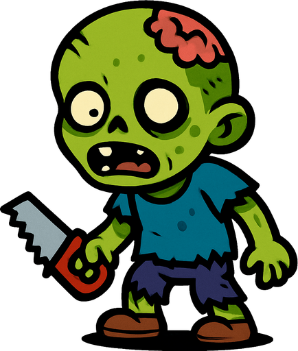 2D. Child (small) zombie. He has a small saw in his hand..
In-Game asset.  2d.  High contrast.  No shadows