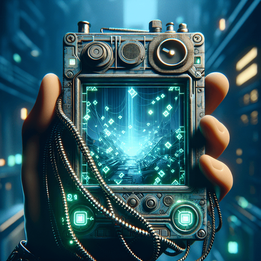 A POV perspective of a retro-futuristic handheld device, its screen glowing softly with greenish-blue digital patterns. The design features a blocky, cyberpunk aesthetic with subtle neon accents along the edges and small, glowing symbols etched into the surface.

Chains around the device are mid-shatter, breaking into faintly glowing fragments that drift away, symbolizing its freedom. The screen flickers with faint digital animations, hinting at its restored functionality without being overly complex. The hand holding the device is faintly lit by the neon glow, with the background melting into a dim, urban cyberpunk haze, emphasizing the sleek yet gritty retro-futuristic vibe..
Single Game Texture. In-Game asset. 2d. Blank background. High contrast. No shadows.