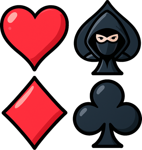 Add an icon of a cartoon spy with a hood and a mask on in the center of the spade from this picture.