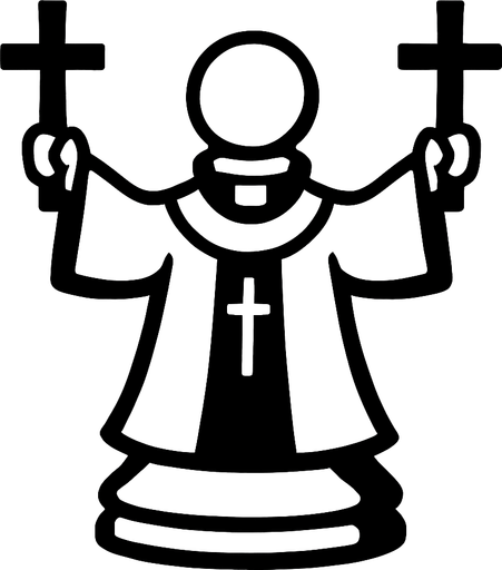 Draw a white pawn dressed in a priest's robe and holding two crosses in the air in a divine manner.
In-Game asset.  2d.  High contrast.  No shadows