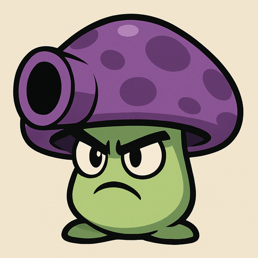 Cabeza (sombrero del hongo): Es grande, redonda y de color morado con manchas más oscuras. En el frente tiene una estructura que parece una boquilla o cañón, lo que da la impresión de que puede disparar algo.

Cuerpo: Pequeño y de color verde claro, con una expresión facial seria o enojada. Tiene ojos grandes y cejas inclinadas hacia abajo, lo que resalta su actitud agresiva o decidida.

Estilo: Es un diseño al estilo de caricatura o videojuego, similar a los personajes de Plants vs. Zombies..
In-Game asset.  2d.  High contrast.  No shadows