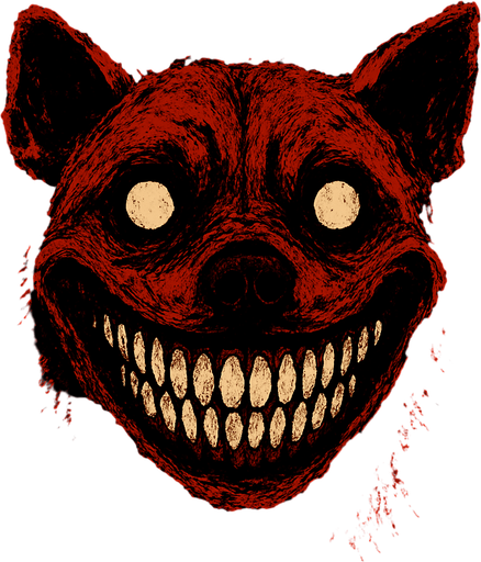 The image displays a highly disturbing and unsettling close-up of what appears to be a dog's head, heavily distorted and manipulated to create a horrific effect. The most striking feature is the dog's mouth, stretched into an impossibly wide and menacing grin that reveals numerous sharp, human-like teeth. Its eyes are wide open, round, and blank white or glowing, contributing to an overall vacant and soulless stare. The fur around its face and head is colored in aggressive shades of red and dark brown, giving it a bloodied or demonic appearance. The overall impression is that of a creature from a horror story, designed to evoke fear and discomfort. The background is completely black, isolating the terrifying subject and intensifying its impact..
In-Game asset.  2d.  High contrast.  No shadows