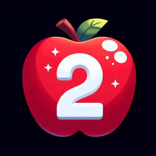 a white " 2" on a  red apple..
Single Game Texture. In-Game asset. 2d. Blank background. High contrast. No shadows.