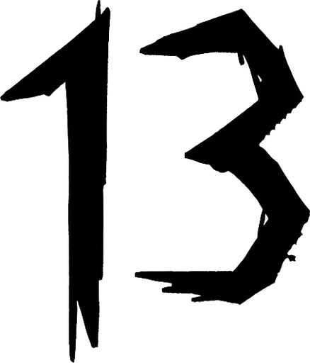 the number 13 written in black.
Single Game Texture. In-Game asset. 2d. Blank background. High contrast. No shadows.