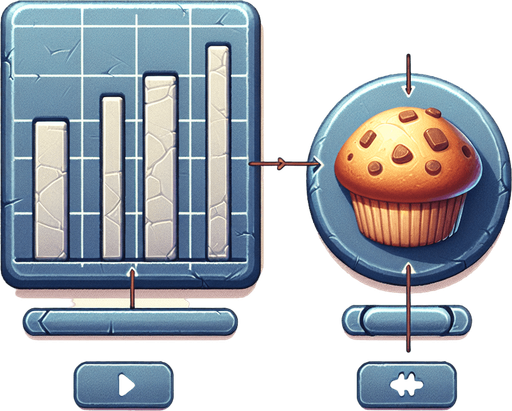 Create a Button with a Diagramm consiting of 4 Bars in the Background and a Muffin in the forthground.
Single Game Texture. In-Game asset. 2d. Blank background. High contrast. No shadows.