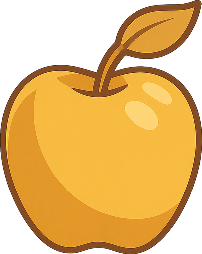 Golden apple. No background. Transparent background. Blank background. No shadows. 2d. In-Game asset. flat