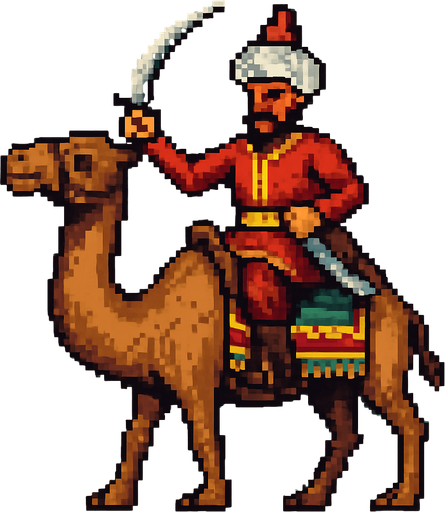 Ottoman camel warrior.
In-Game asset.  2d.  High contrast.  No shadows. pixel art