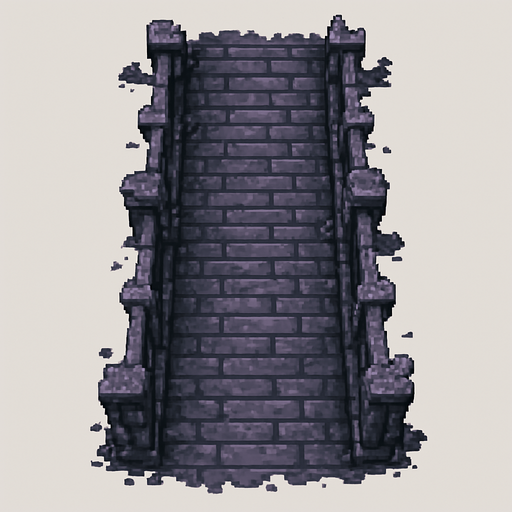 Top down view of a ruined old gray - purple creepy mediavel fance of an overpass. Long run heading straight up and down. pixel art 
Single Game Texture. In-Game asset. 2d. Blank background. High contrast. No shadows.